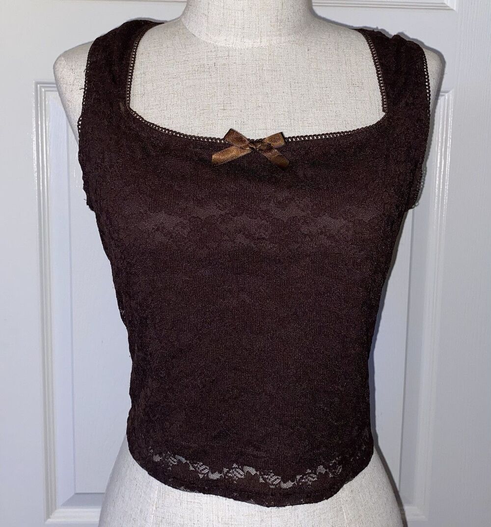 Pretty Garbage Brown Floral Lace Cami Tank Top Bow Accent Size Med Soft Grunge
